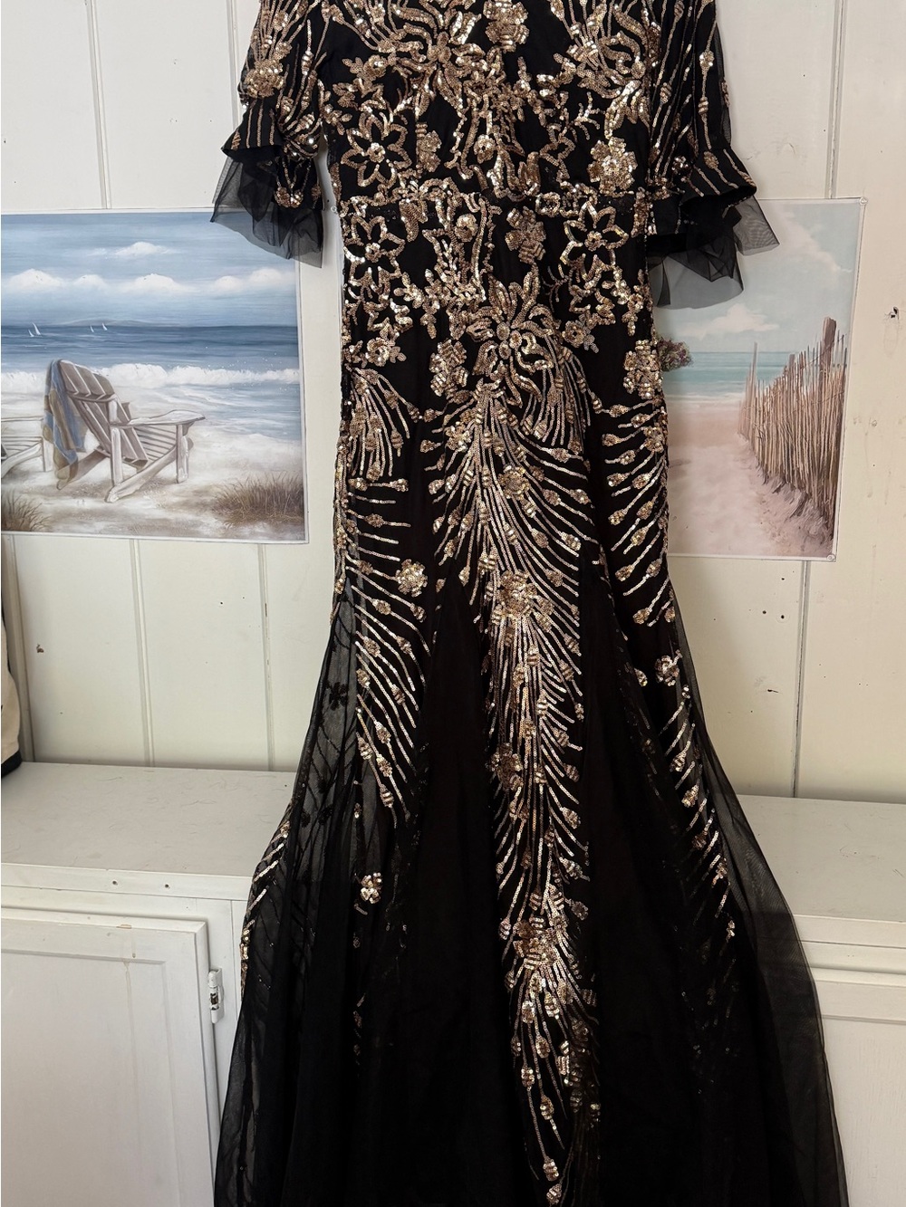 Elegant Black Evening Wedding Dress with Gold Sequin Embroidery